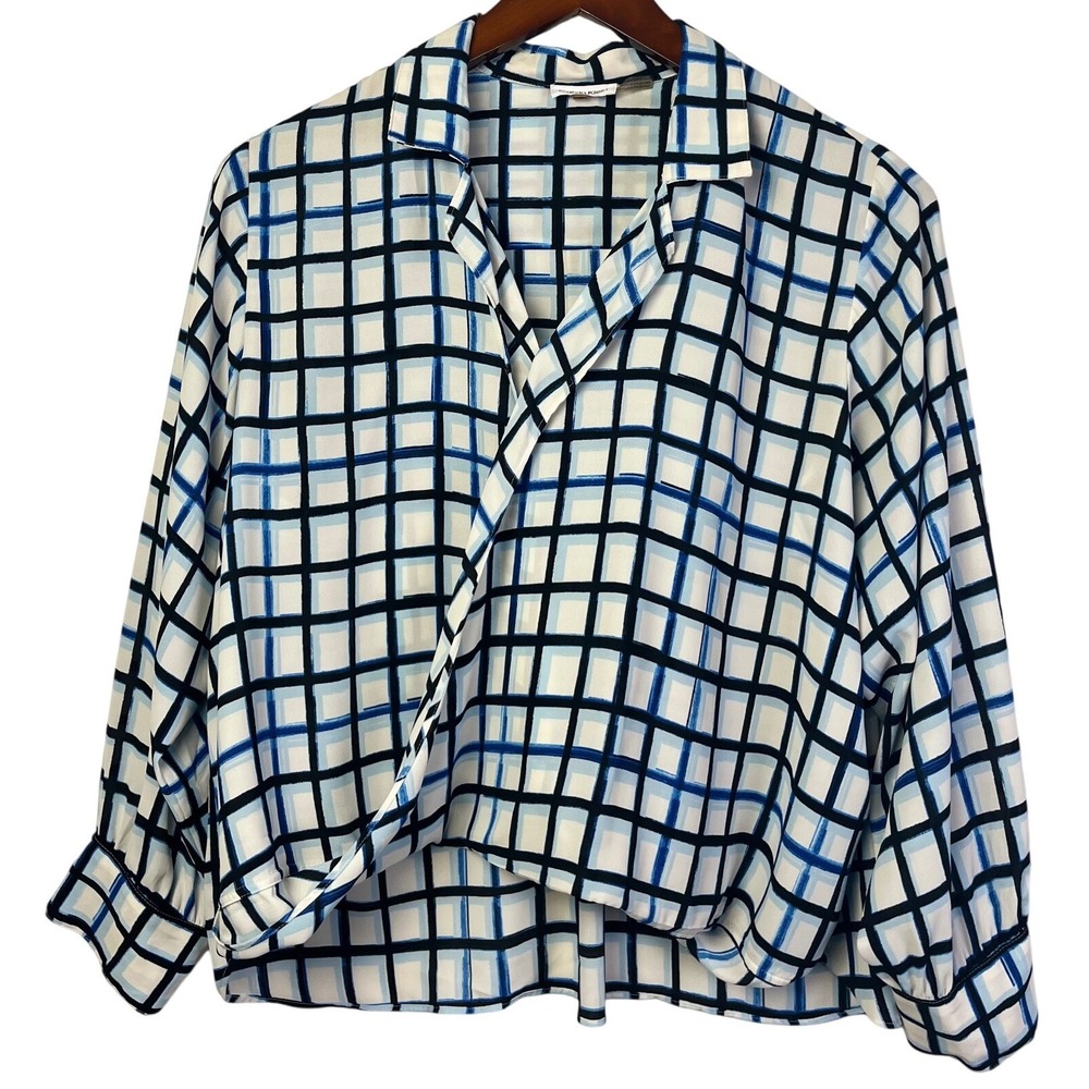Calvin Klein Women's White Blue Black Grid Print Long Sleeve‎ Blouse Shirt Top